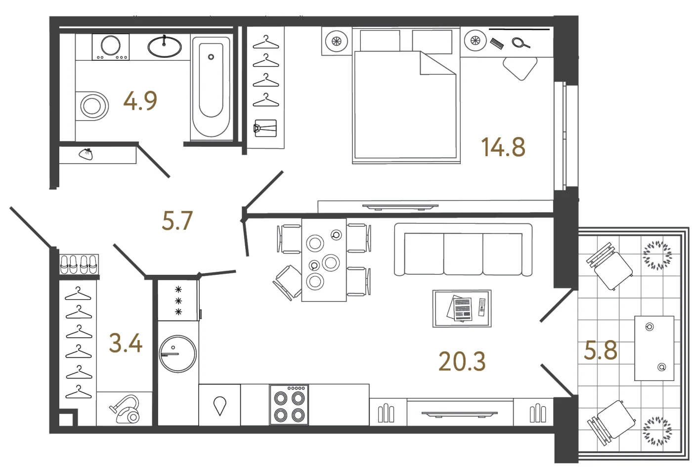 Планировка 1-комнатный 49,1 м² в лаундж-комплексе «Репин» — Лаундж-комплекс «Репин»