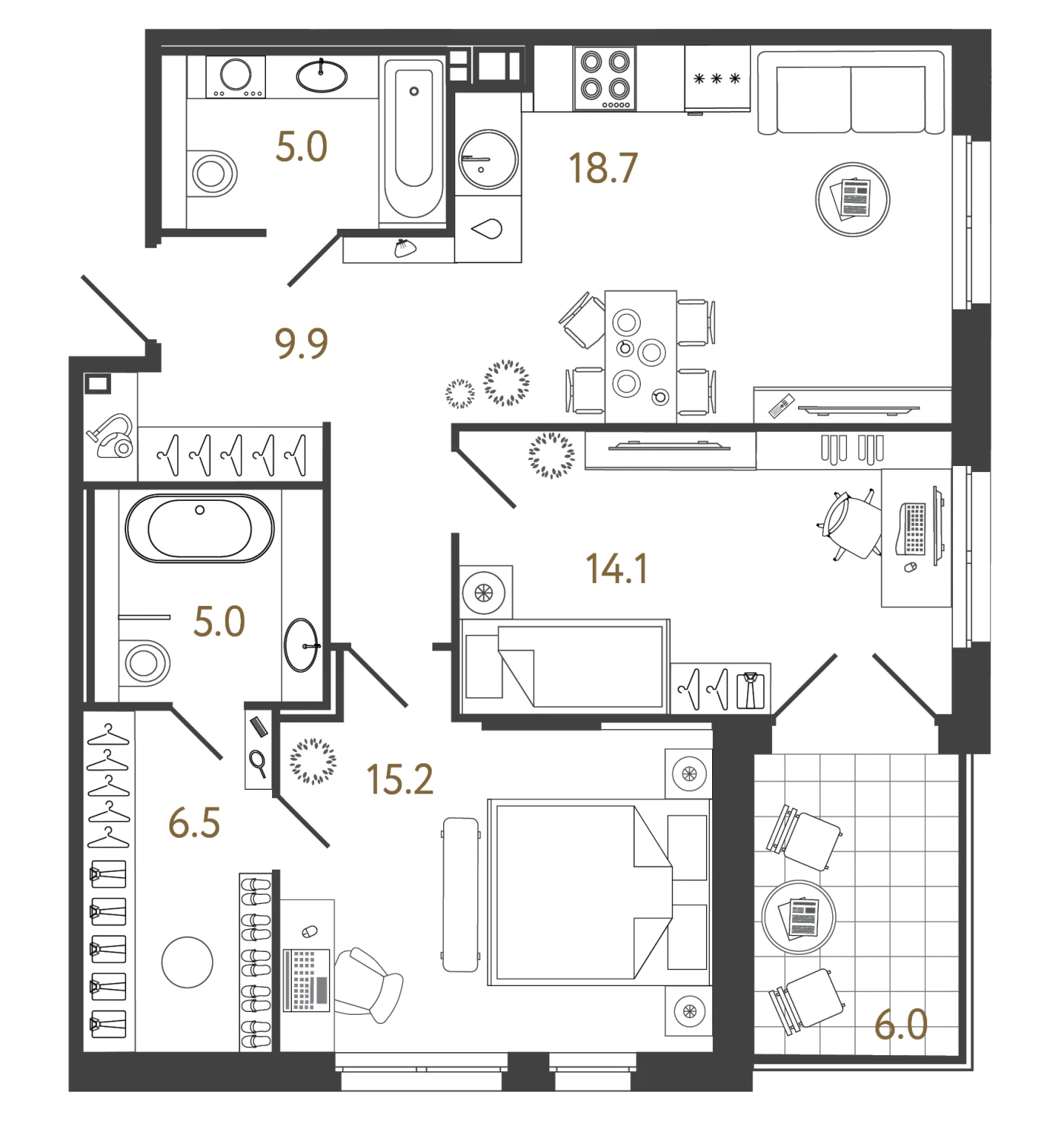 Планировка 2-комнатный 74,4 м² в лаундж-комплексе «Репин» — Лаундж-комплекс «Репин»