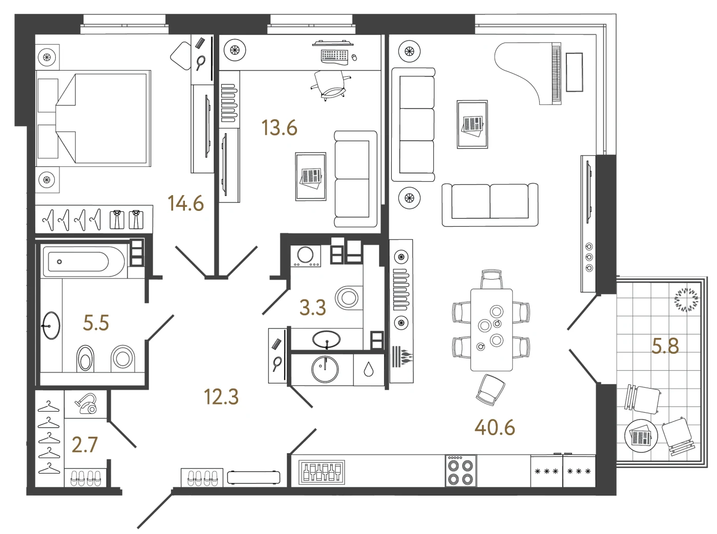 Планировка 2-комнатный 92,6 м² в лаундж-комплексе «Репин» — Лаундж-комплекс «Репин»