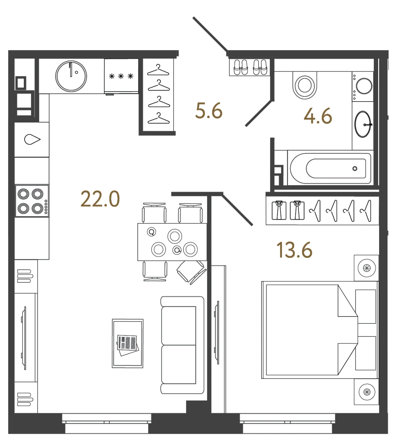 Планировка 1-комнатный 45,8 м² в лаундж-комплексе «Репин» — Лаундж-комплекс «Репин»