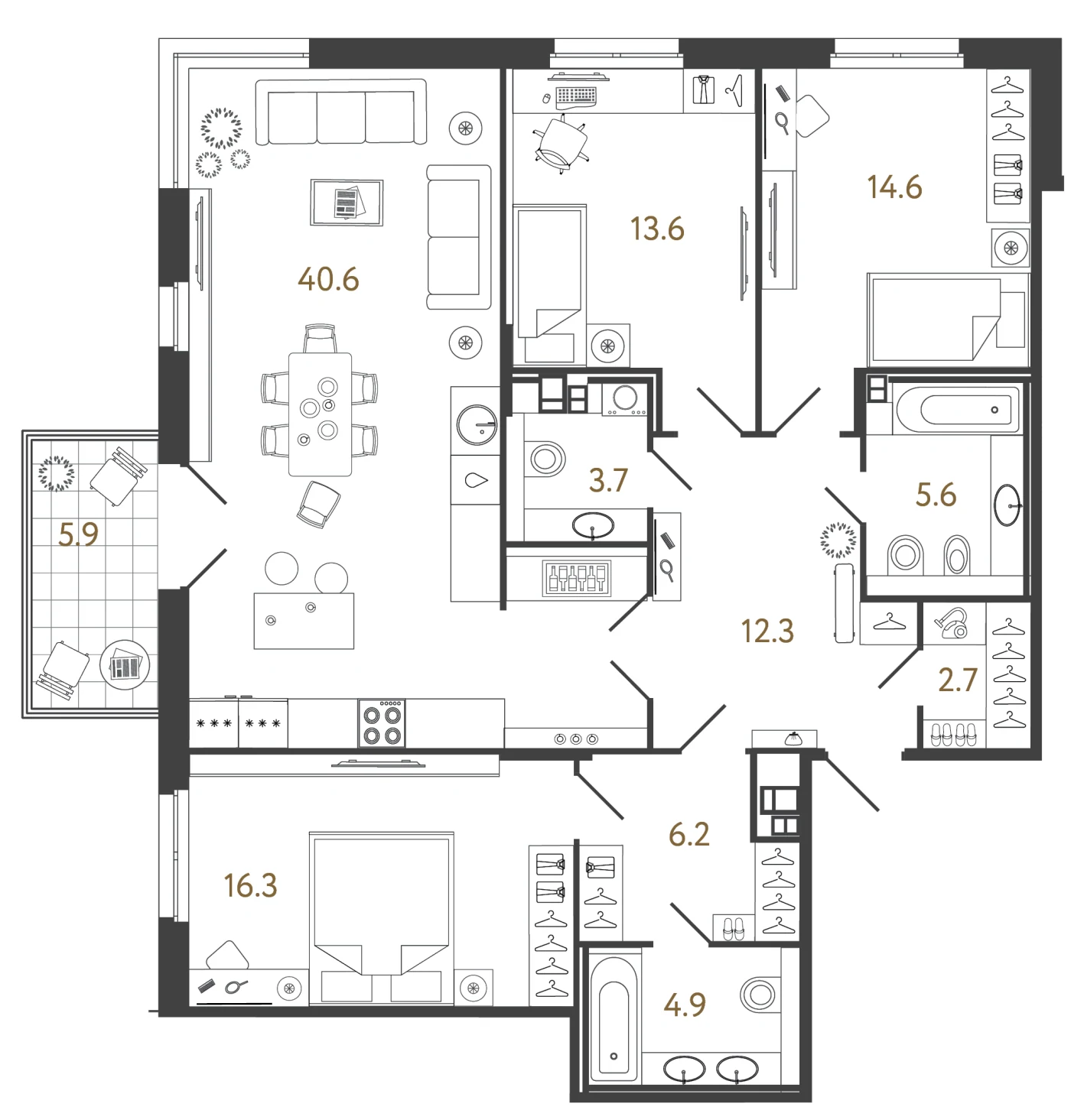 Планировка 3-комнатный 120,5 м² в лаундж-комплексе «Репин» — Лаундж-комплекс «Репин»