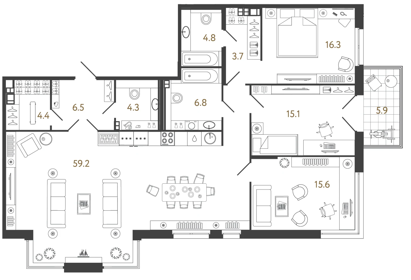 Планировка 3-комнатный 136,7 м² в лаундж-комплексе «Репин» — Лаундж-комплекс «Репин»
