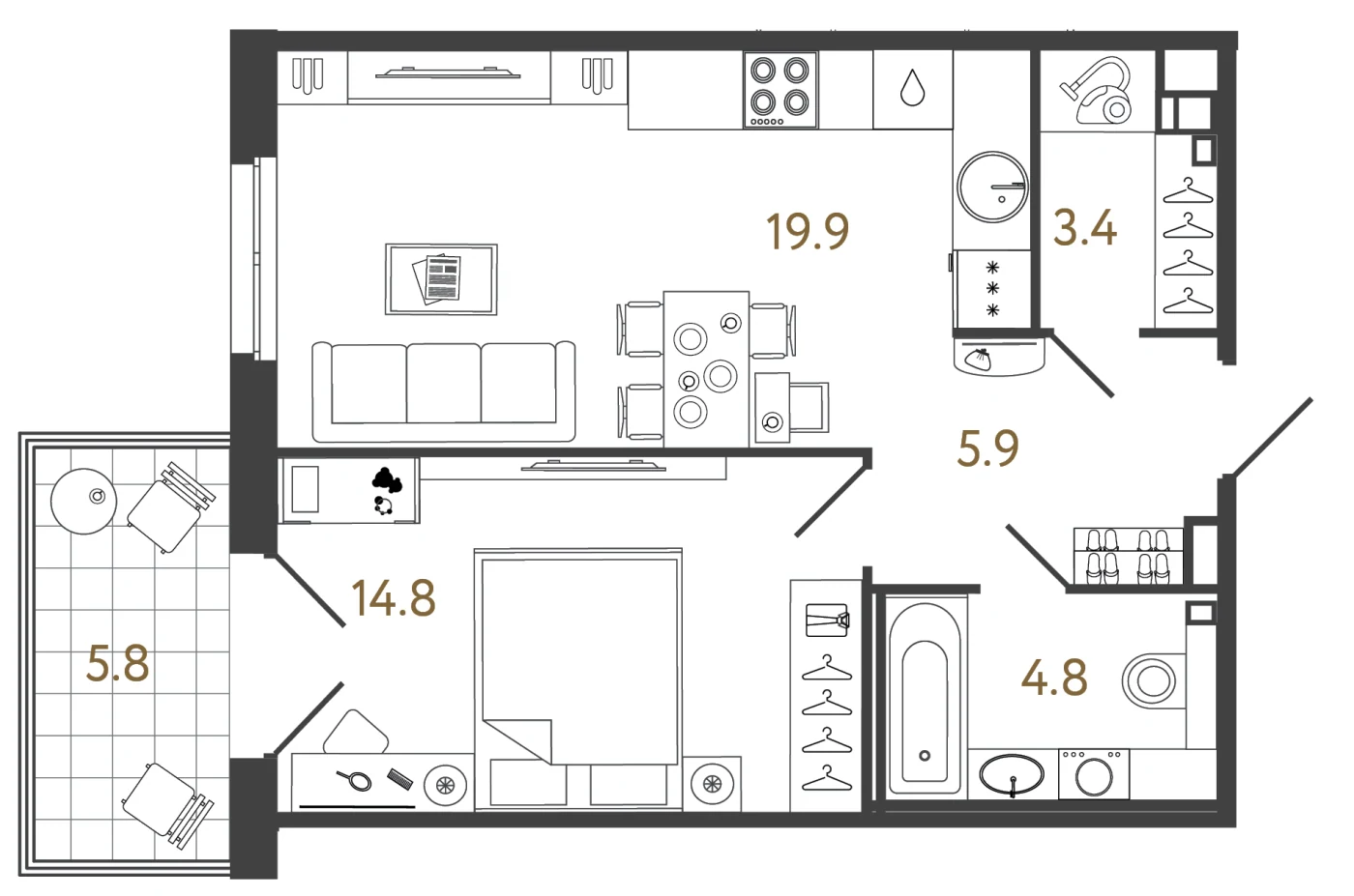 Планировка 1-комнатный 48,8 м² в лаундж-комплексе «Репин» — Лаундж-комплекс «Репин»