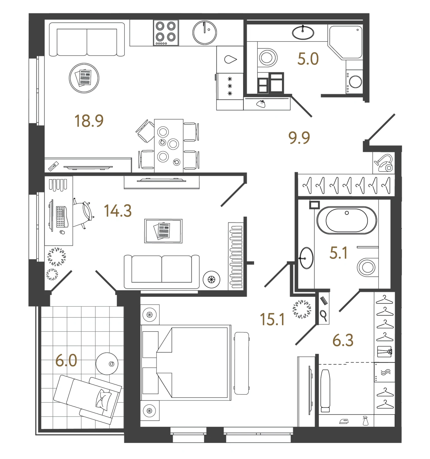 Планировка 2-комнатный 74,6 м² в лаундж-комплексе «Репин» — Лаундж-комплекс «Репин»