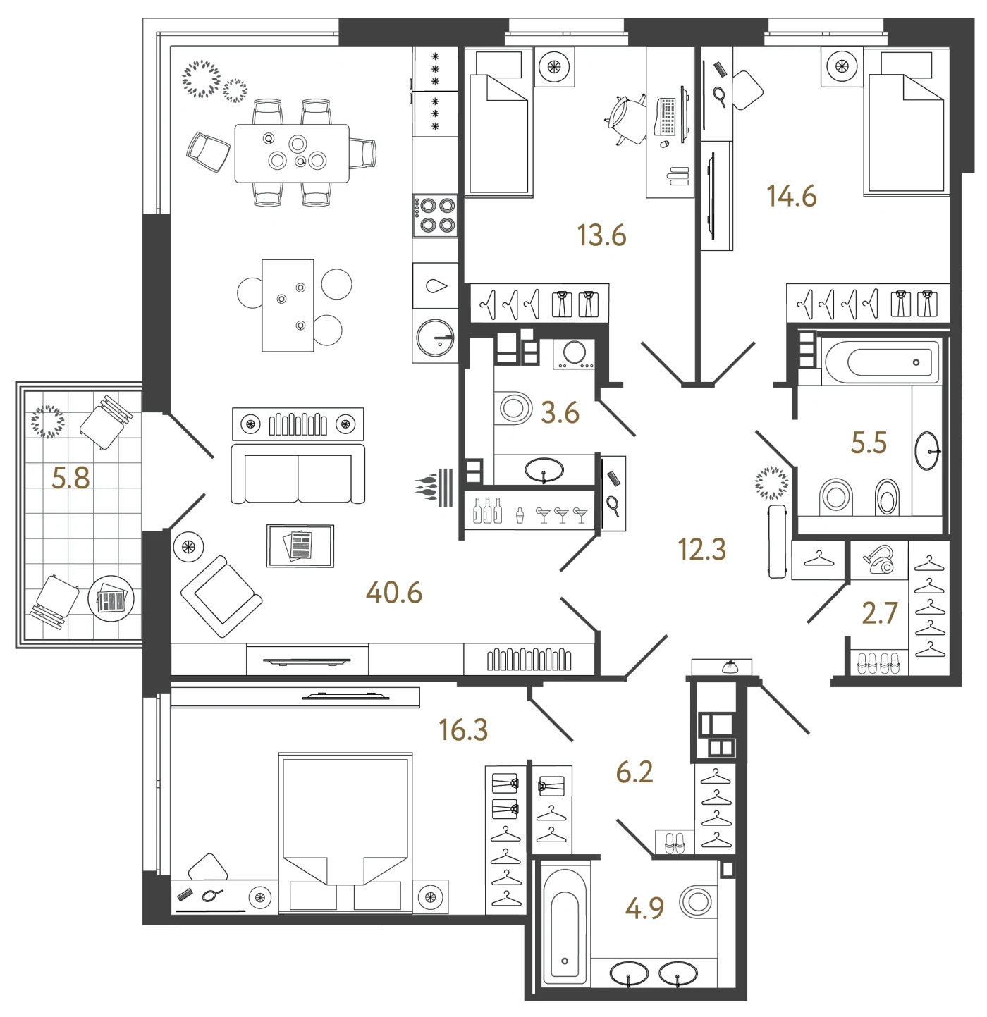 Планировка 3-комнатный 120,3 м² в лаундж-комплексе «Репин» — Лаундж-комплекс «Репин»