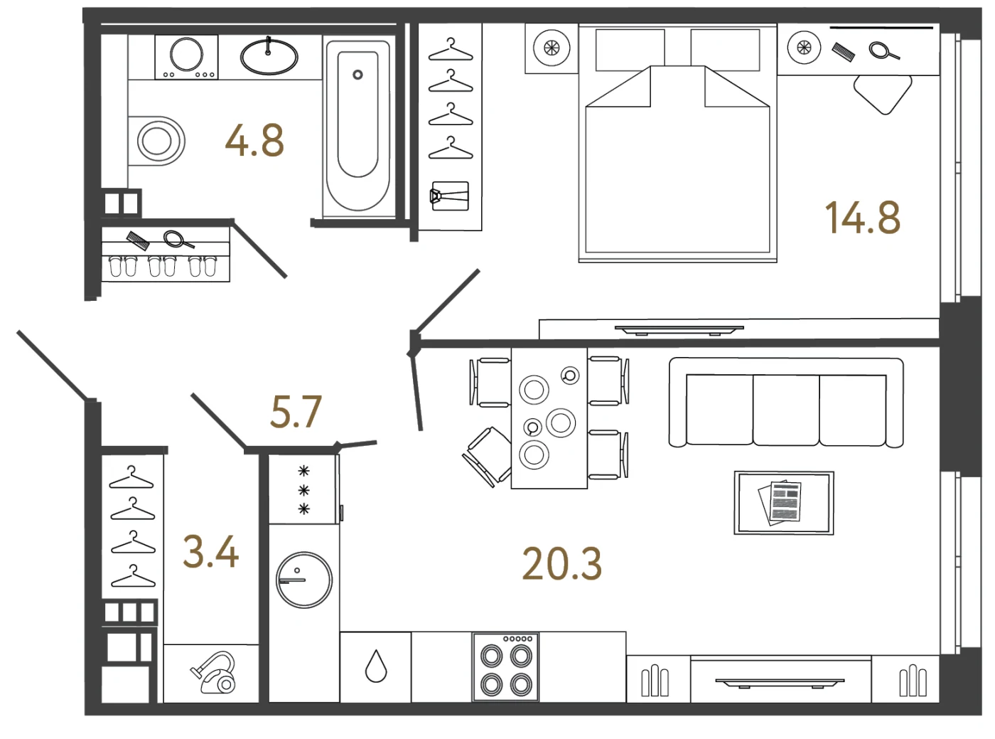 Планировка 1-комнатный 49 м² в лаундж-комплексе «Репин» — Лаундж-комплекс «Репин»