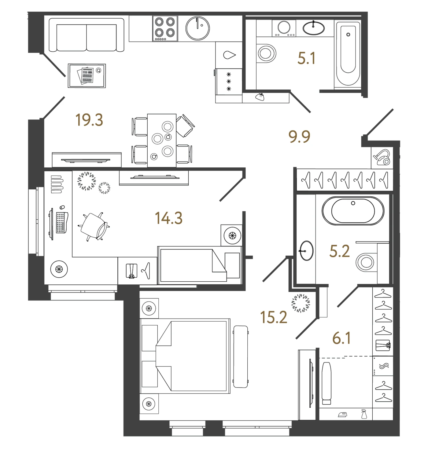 Планировка 2-комнатный 75,1 м² в лаундж-комплексе «Репин» — Лаундж-комплекс «Репин»