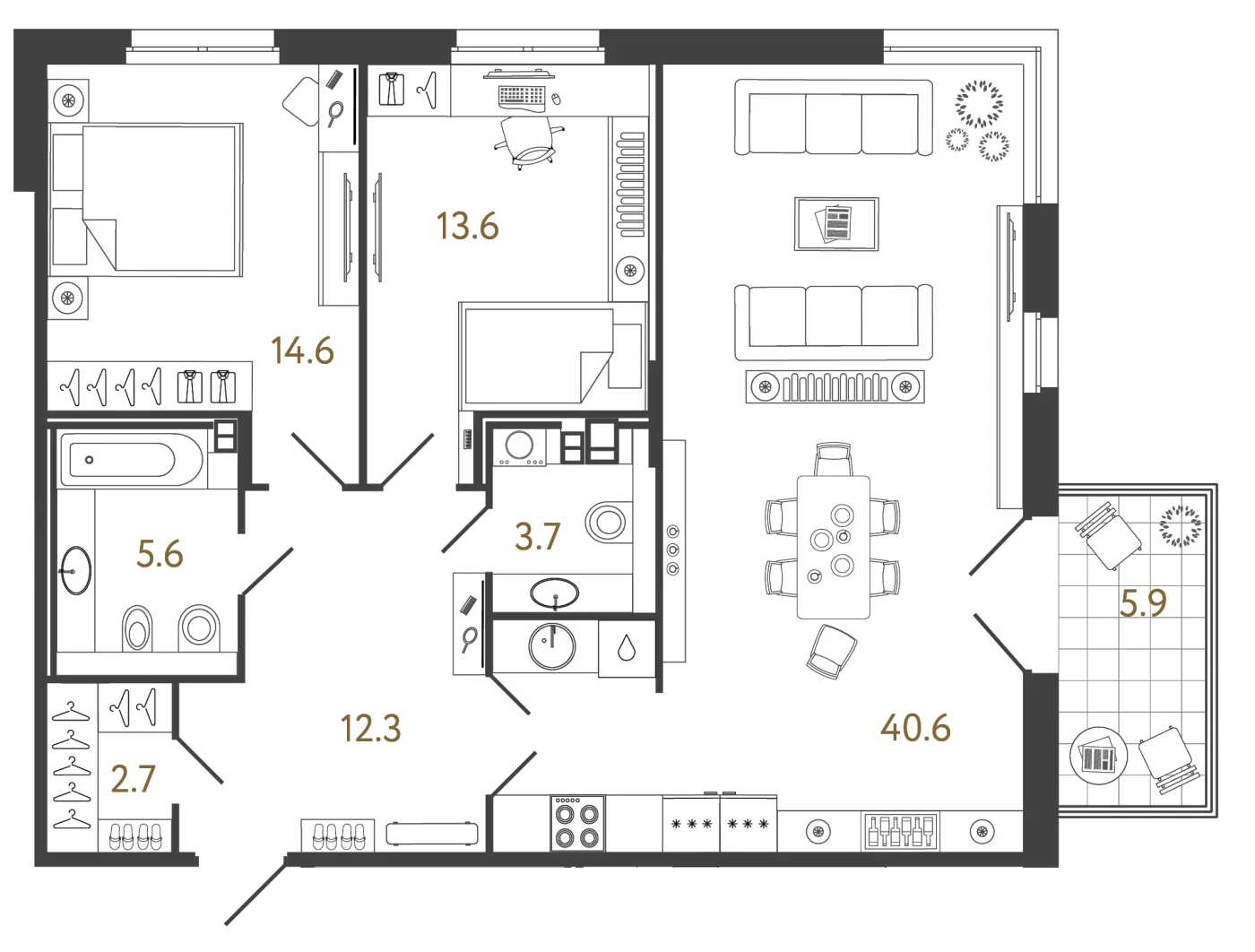 Планировка 2-комнатный 93,1 м² в лаундж-комплексе «Репин» — Лаундж-комплекс «Репин»