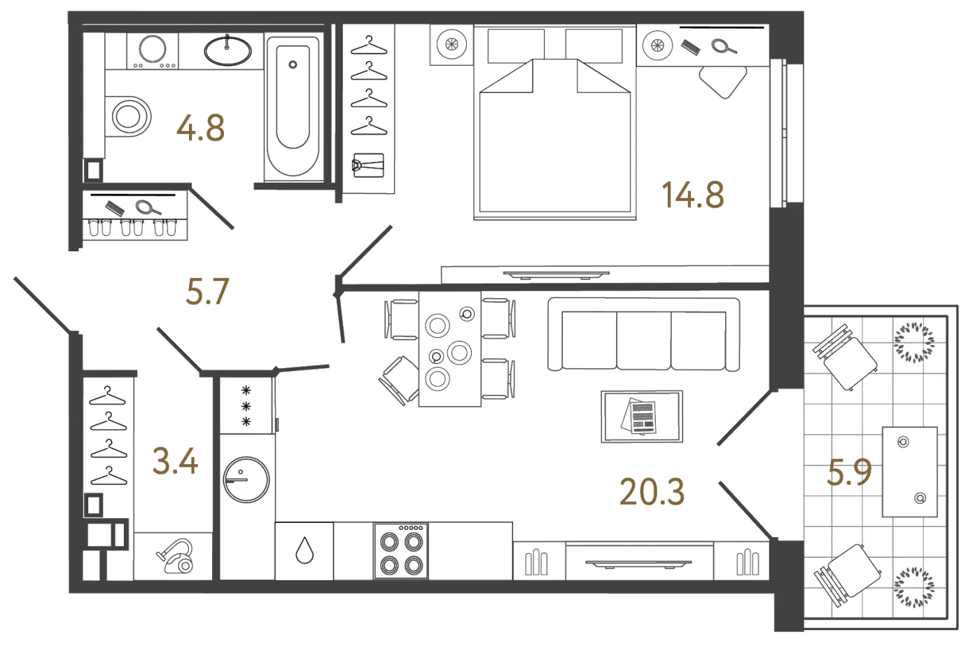 Планировка 1-комнатный 49 м² в лаундж-комплексе «Репин» — Лаундж-комплекс «Репин»