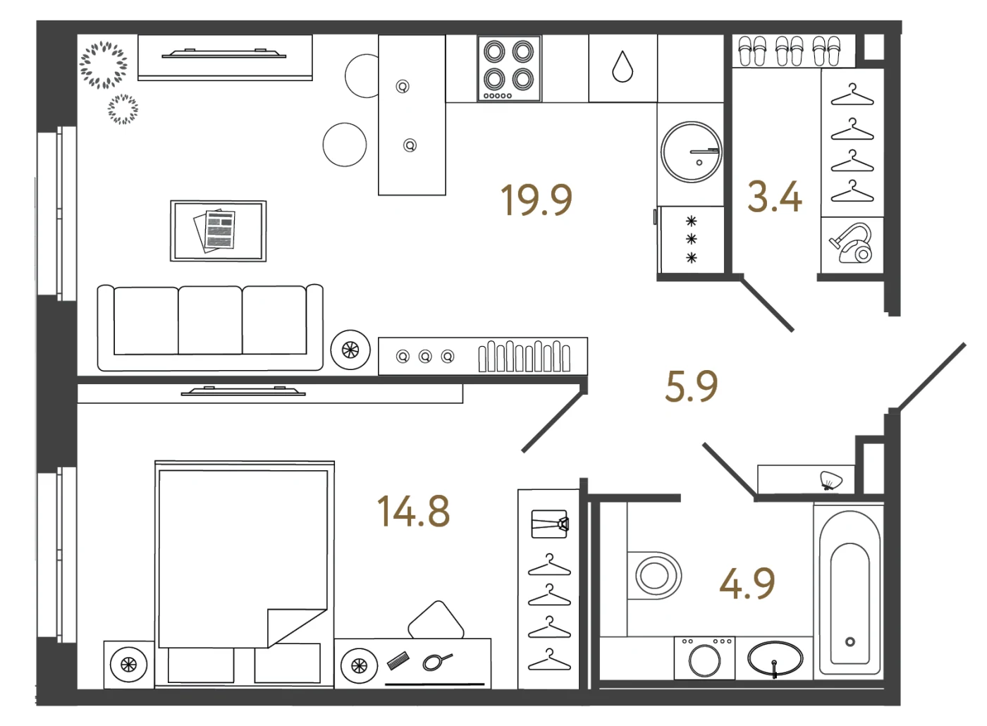 Планировка 1-комнатный 48,9 м² в лаундж-комплексе «Репин» — Лаундж-комплекс «Репин»