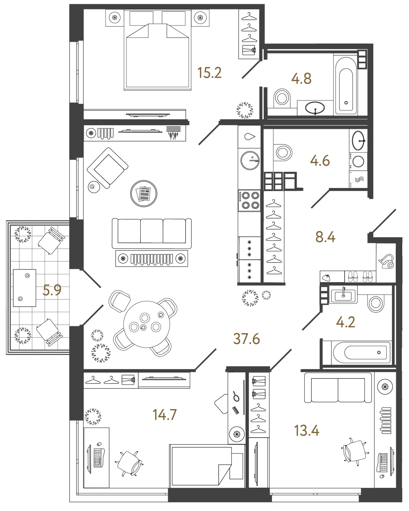 Планировка 3-комнатный 102,9 м² в лаундж-комплексе «Репин» — Лаундж-комплекс «Репин»